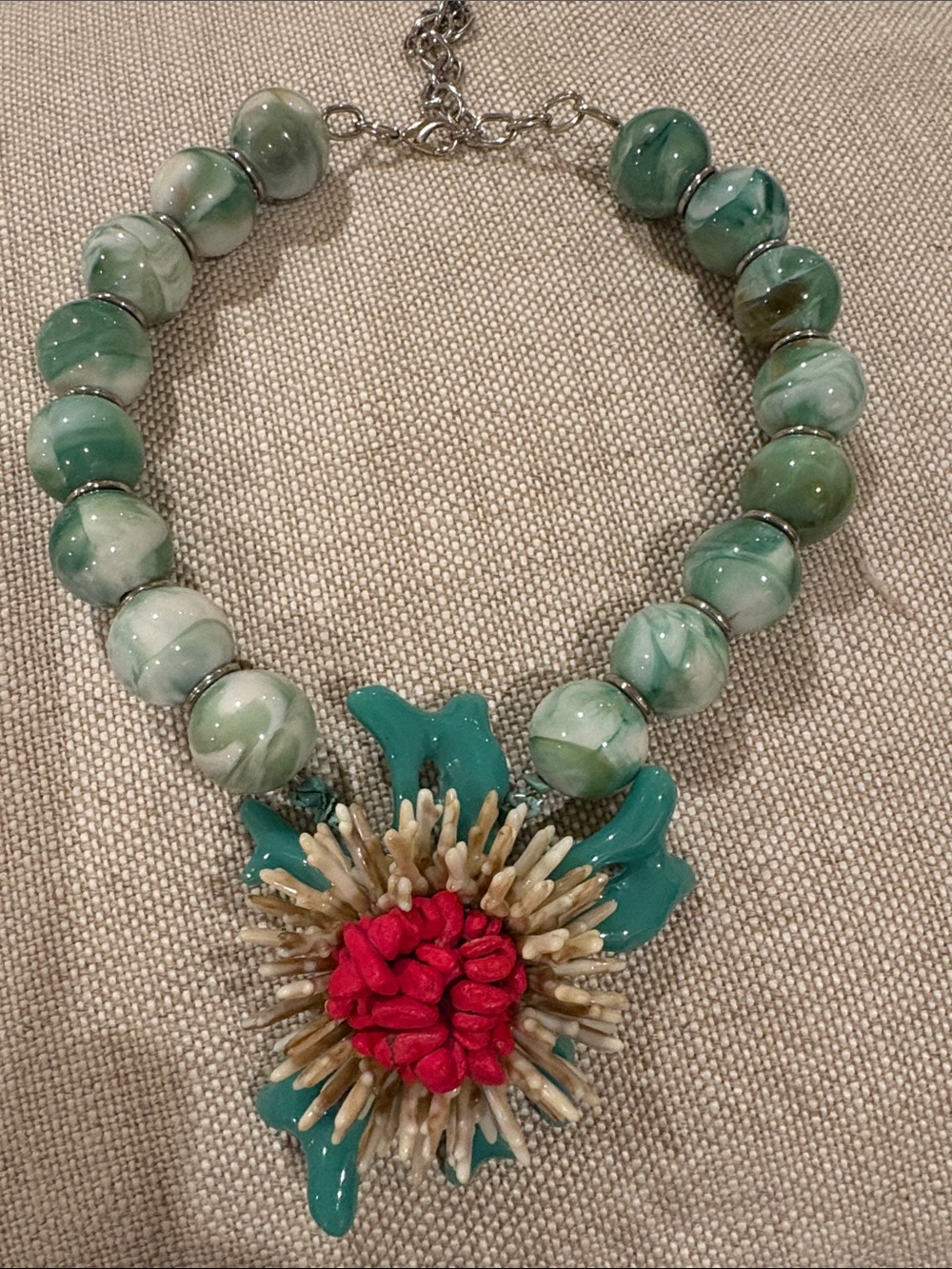 Green Beaded Statement Necklace with Red Floral Pendant stunning!